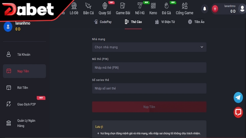 Nạp tiền Dabet bằng thẻ cào là phương thức được nhiều người chọn